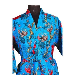 Peignoir 100% Coton Élégant Thermique Patchwork Indien Fait Main Point Kantha Manches Longues Kimono Tenue de Nuit Taille Unique - Product Image 4