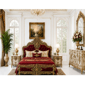 Juego de Dormitorio de Madera Maciza Tallada en Dorado y Terciopelo Rojo de Alta Gama, Diseño Maharaja, para Interiores de Lujo - Product Image 1