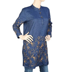 Kurti en denim brodé pour femmes - Bleu foncé - Product Image 1