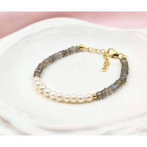 Blue Flash Labradorite Natural Pearl Charm <b>Bracelet</b> Rhodium Plated Titanium <b>Copper</b> Geometric Pattern Religious Cute Gift Idea - Product Image 1
