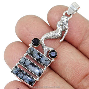 จี้หินออบซิเดียนเกล็ดหิมะสำหรับผู้หญิงทำด้วยมือสีเงินทึบจี้เครื่องประดับอัญมณีธรรมชาติ925จี้เงินสเตอร์ลิง - Product Image 3