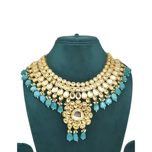 Royal kundan ชุดสร้อยคอเจ้าสาวสีฟ้าอ่อนประดับเพทายชุบทองเครื่องประดับที่ดีสำหรับงานแต่งงานเป็นของขวัญ - Product Image 4