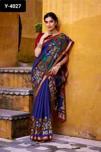 Ropa tradicional india Poliéster Viscosa Chanderi Sari y piezas de Blusa con estampado Kalamkari para bodas y festivales - Product Image 5
