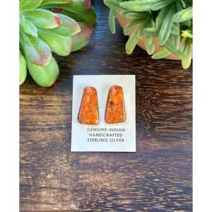 Navajo Handmade <b>Sterling</b> <b>Silver</b> & Coral <b>Stud</b> <b>Earrings</b> with Diamond Accents - Product Image 1