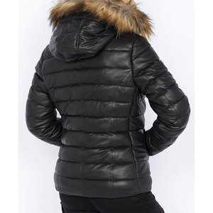Veste matelassée en cuir d'agneau pour femmes, capuche en fausse fourrure, style bomber d'hiver, manteau rembourré en coton, doublure en soie, détails brodés - Product Image 6