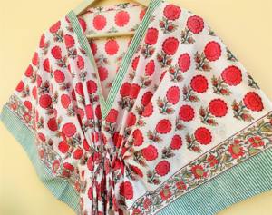 Cache-bikini en coton fait à la main caftan imprimé bloc écologique pour femmes Robe de nuit matelassée ou robe de nuit - Product Image 3