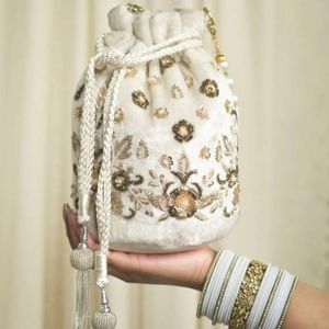 TRENDY-BEAUTIFUL 2024 Velvet Fabric Evening <b>Bags</b> Dabka Embroidery Crystal Glass Beadsstone <b>Pearl</b> Silk Potli for Weddings Parties - Product Image 1