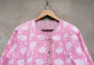 Indian Style Women's Casual Quilted Cotton Seamless Fusing <b>Hand</b> Block Printed Sky Blue Floral Winter Coat Woven <b>Washed</b> Technique - Product Image 2