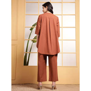 Conjunto de 2 Piezas Deebaco para Mujer, Túnica Holgada de Algodón Sólido y Pantalones Anchos, Cuello en V, Manga 3/4, Estilo Casual, Largo hasta el Tobillo - Product Image 5