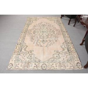 พรมขนสัตว์สีเบจแบบดั้งเดิม5x8.6ft งานเย็บปะสี่เหลี่ยมผืนผ้าตุรกีสำหรับทางเข้าบ้านห้องนั่งเล่น - Product Image 1