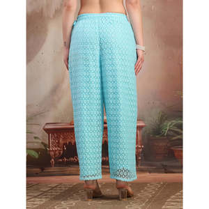 Pantalon palazzo évasé rose en coton pour femme, motif floral, taille haute/basse, respirant, décontracté et élégant - Product Image 6