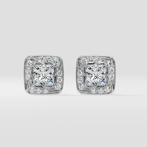 Boucles d'oreilles clous mini en diamant de laboratoire taille princesse avec halo, or blanc 14K, clarté VVS, couleur E, certifiées, tendance, vente en gros, haute qualité - Product Image 3