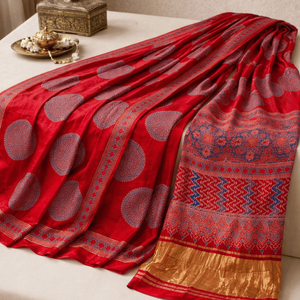 Aruna Mandala Ajrakh Handwoven Cotton Silk Sari Banarasi Indian Soft Sari for Festival Party Wear Hand Drawn Heavy Georgette - Product Image 3