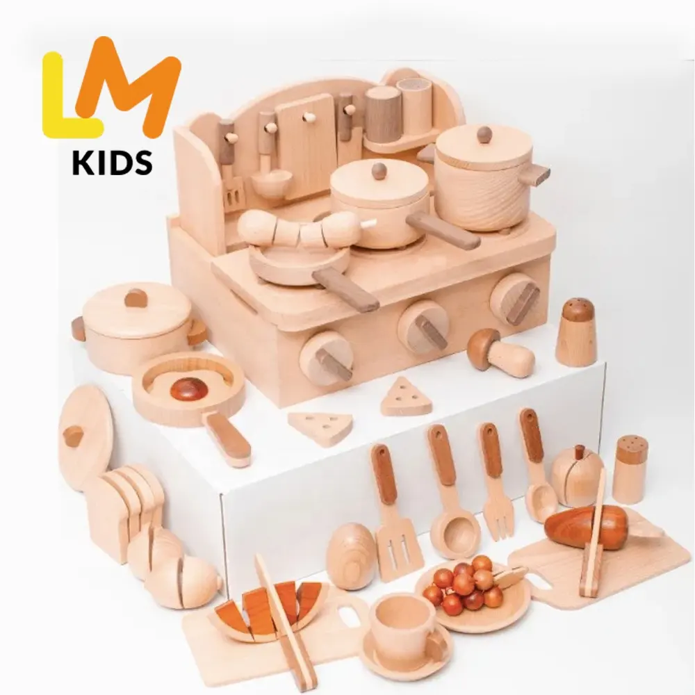 LM KIDS Color legno originale Mini tavolo in legno giocattolo da cucina con accessori da cucina set per il gioco di finzione dei bambini