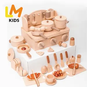 LM Kids Conjunto de brinquedos de mesa de madeira para crianças, mini brinquedo de cozinha com acessórios de cozinha, jogo de fantasia original em cores