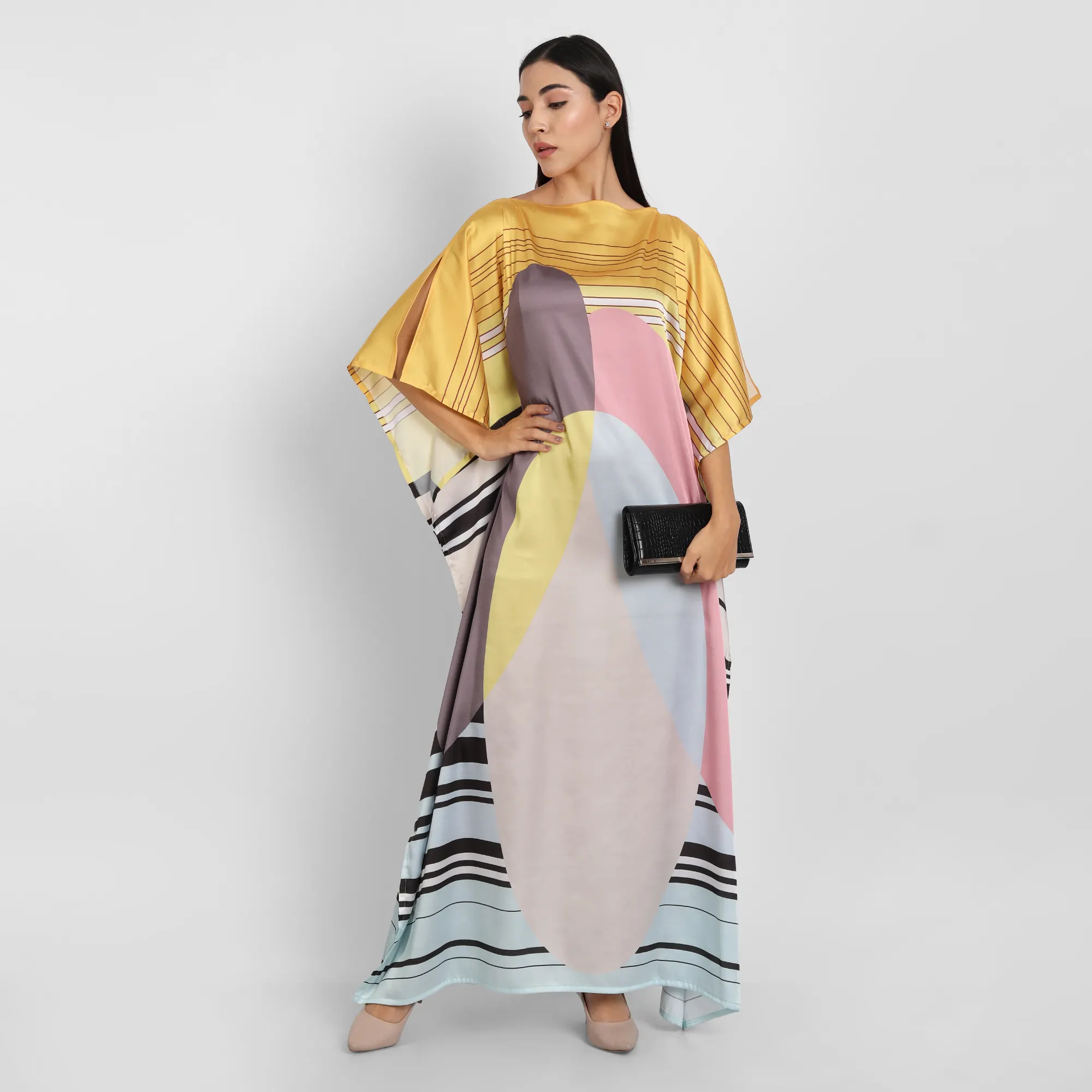 Premium Soft Silk Quality Women Evening Wear Printed Free Size Moroccan Beach Kaftan Dress Top
