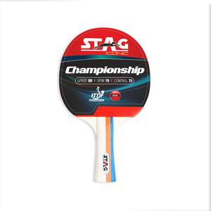 Raquette de tennis de table Stag Iconic Championship, poignée droite, 7 couches de bois, caoutchouc à picots, écologique, pointe lourde, manche léger - Product Image 1