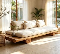 Canapé carré trois places en bois massif de style rétro populaire avec housse de coussin en coton et lin respirant, fauteuil bas suspendu en bois