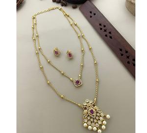 Elegante Juego de Collar y Aretes de Latón Chapado en Oro de Primera Calidad con Piedras, para Fiestas, Bodas, Uso Tradicional, Colección para Mujer - Product Image 3