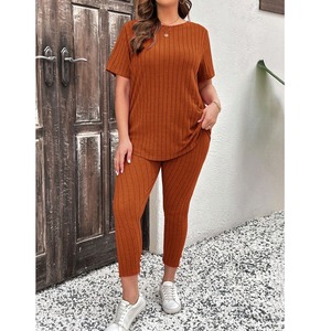 Femmes de luxe solide 100% coton Slim Skinny Fit à manches courtes t-shirt pantalon deux pièces ensemble automne décontracté BD - Product Image 5