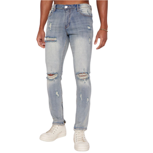 Jean droit déchiré bleu clair uni pour homme, coupe régulière, décontracté, respirant, séchage rapide, été/hiver - Product Image 1