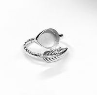 925 Sterling Silber 7x9mm Birnenförmiger Blanko-Ring mit Blattdesign Verstellbarer Ring Damen Andenken-Schmuck für Harz Asche Muttermilch DIY
