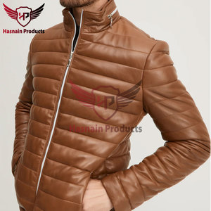 <b>Mens</b> Real Brown <b>Leather</b> <b>Jacket</b> High Stand Collar <b>Sheepskin</b> Horizontal Quilted Zip Pockets Puffer Coat Custom Winter Outerwear - Product Image 2