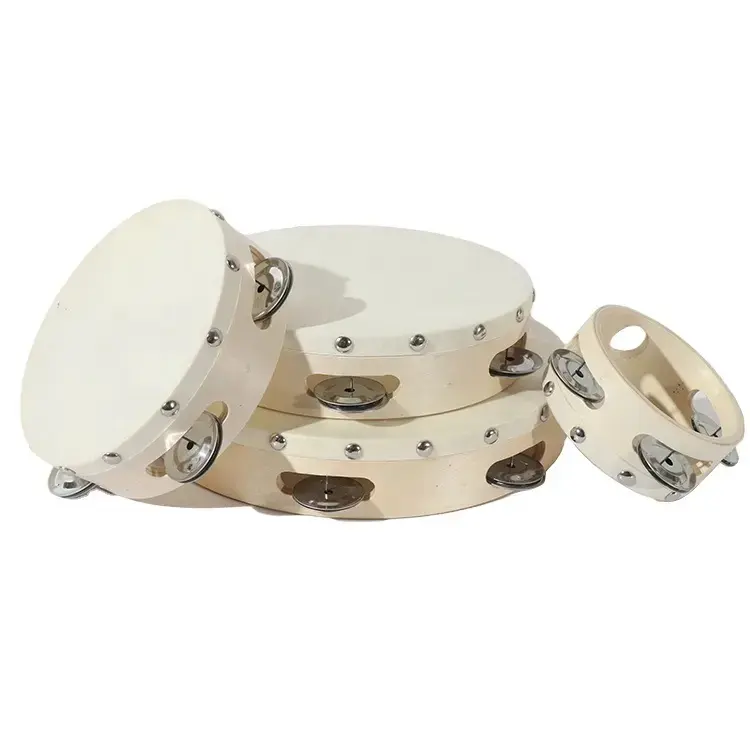 Nhạc cụ gõ nhỏ; Tambourine với đầu trống da thật và kích thước trang trí gỗ 14