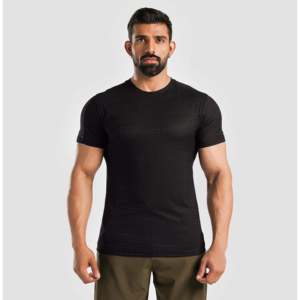 T-shirt Performance Rise avec étiquette personnalisée, noir uni, vêtement tricoté pour l'exercice, impression de logos - Product Image 2