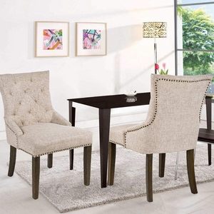 Chaises de salle à manger modernes de luxe, style mi-siècle, élégantes, en tissu beige, avec dossier capitonné et accents cloutés, en caoutchouc massif, mobilier de maison - Product Image 3