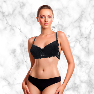 Reggiseno Intero in Poliammide Intrecciato con Pizzo Floreale, Chiusura Frontale, Push-Up, Traspirante, Imbottito, Tinta Unita, Coppe Stampate con Bottoni - Product Image 1