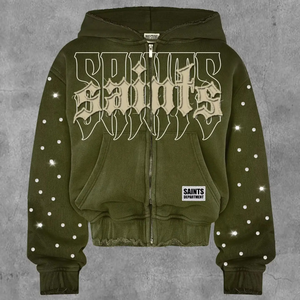 Nouveau sweat à capuche en coton lourd à imprimé numérique d'hiver avec strass, nœud, fermeture éclair, coupe régulière, sweat à capuche intégral - Product Image 3