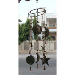 Sun N Moon Recycled Iron Hanging Windchime Beads Bells Suncatcher Indian Antique Country Farmhouse Bohemian Home Dcor Boho Yard - Product Image 1