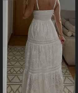 Vestido largo imperio empalmado de encaje de verano para mujer, cuello en V, sin mangas, bordado de ganchillo, bohemio fluido, respetuoso con el medio ambiente para fiestas - Product Image 2