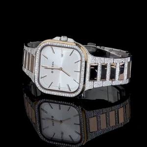 Montre automatique de luxe analogique pour homme, en acier inoxydable, avec verre résistant à l'eau 100 bars, sertie de diamants de laboratoire de forme carrée, couleur or rose - Product Image 2