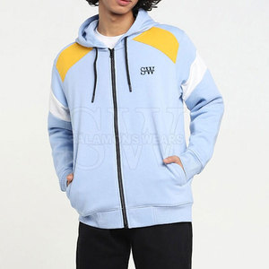 Sweat à capuche zippé pour homme, color block, manches raglan, décontracté, bleu clair, jaune, blanc, coupe classique, pour l'automne - Product Image 2