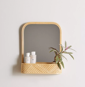 Rattan Wall Mirror With <b>Basket</b> <b>Shelf</b> Rectangular Framed Bohemian Style Decorative Natural Finish For Home Bathroom Office - Product Image 1