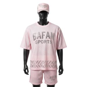 <b>Men</b> Athletic Polyester Mesh <b>Short</b> Set 180 GSM Breathable <b>Pink</b> Gym Wear Reflective Heat Transfer Logo for <b>men's</b> set - Product Image 1