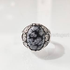 Bague en argent sterling 925 pour homme, pierre précieuse naturelle obsidienne flocon de neige, pierre de naissance, toutes tailles, bijoux de fête arabe, vente en gros - Product Image 4