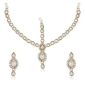 Soha Fashion 24K chapado en oro fino conjunto de joyas Kundan piedra Maang Tikka con pendientes de perlas para regalos - Product Image 1