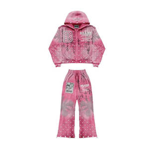 Custom <b>Pink</b> Acid Wash Rhinestone <b>Tracksuit</b> Y2K Streetwear Flared Sweatpants and Zip Up Hoodie Set Distressed Vintage Outfits - Product Image 1