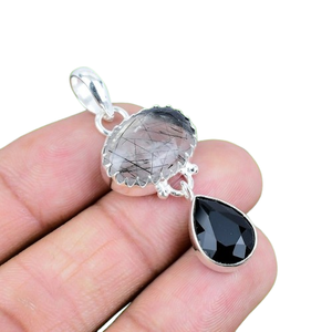 925 argent Sterling fait à la main pierre précieuse noir rutile Spinner pendentif bijoux mode pendentif concepteur pendentif bijoux de haute qualité - Product Image 1