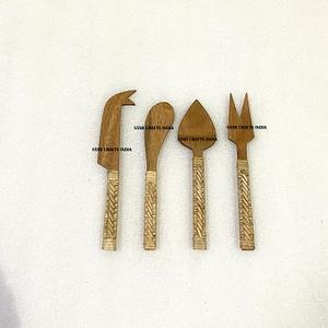 Hot Arrival Custom Logo Wood & Wicker Handle 4Pcs <b>Cheese</b> <b>Set</b> Use for Travelling Wholesale New Design Handmade Cutlery <b>Cheese</b> <b>Set</b> - Product Image 3