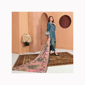 แบรนด์ชั้นนําของปากีสถาน Jacquard สนามหญ้าบานาร์ซีชุด 3 ชิ้นพร้อมการปักหนักชุดแบรนด์เดิมนักออกแบบ - Product Image 2