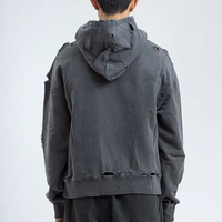Grosir pakaian pria Streetwear produsen Hoodie Distressed Rip up warna Solid musim dingin bulu domba-diskon besar celup polos