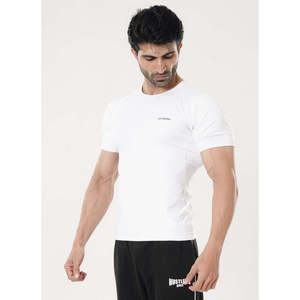 T-shirt de compression blanc pour homme, coupe ajustée, manches courtes, col rond, haut de performance athlétique, 100 % polyester - Product Image 2