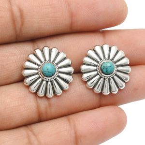 Round Cut Turquoise Bezel <b>Set</b> Minimalist Flower Design 925 Sterling <b>Silver</b> Precious Gemstone <b>Stud</b> <b>Earring</b> Jewelry for Women Girl - Product Image 4