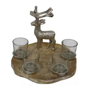 Hot Selling Casted Aluminum Engraved Deer And 4 T-Light Silver Finished On Wooden Base Indian Manufacturer And Exporter