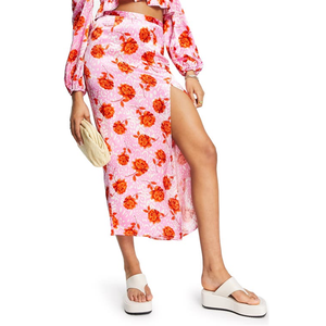 Gonna Midi Topshop Chic Rosa Floreale in Raso Taglia 10 US, Lucida in Seta Spandex con Volant e Cintura, Stampa Moderna Chic, Lunghezza Corta XS, Vita Alta - Product Image 1