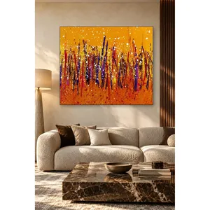 ภาพพิมพ์บนผ้าใบลายเส้นแปรงสีม่วงและสีแดงบนพื้นหลังสีส้ม - Product Image 1